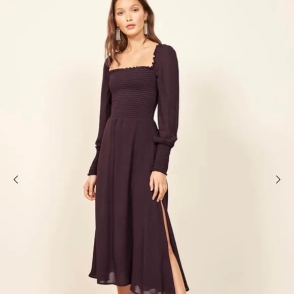 Reformation Rowan Smocked Crepe Long Sleeve Dress in Blackberry - Picture 6 of 7